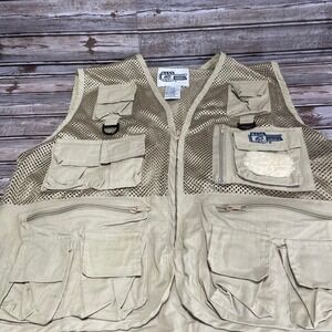 Bass Outdoor Fishing Vest Utility Pockets Mesh Lightweight Beige‎ Size L/XL